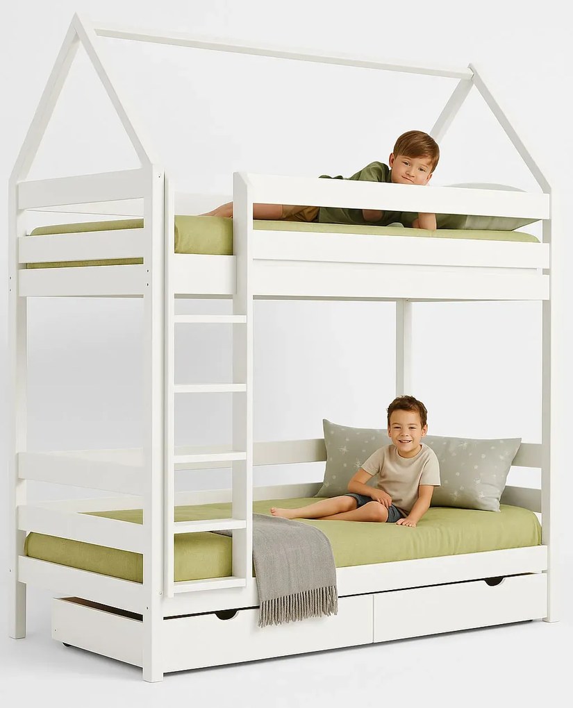 Białe piętrowe łóżko domek z 2 szufladami S4-D97
