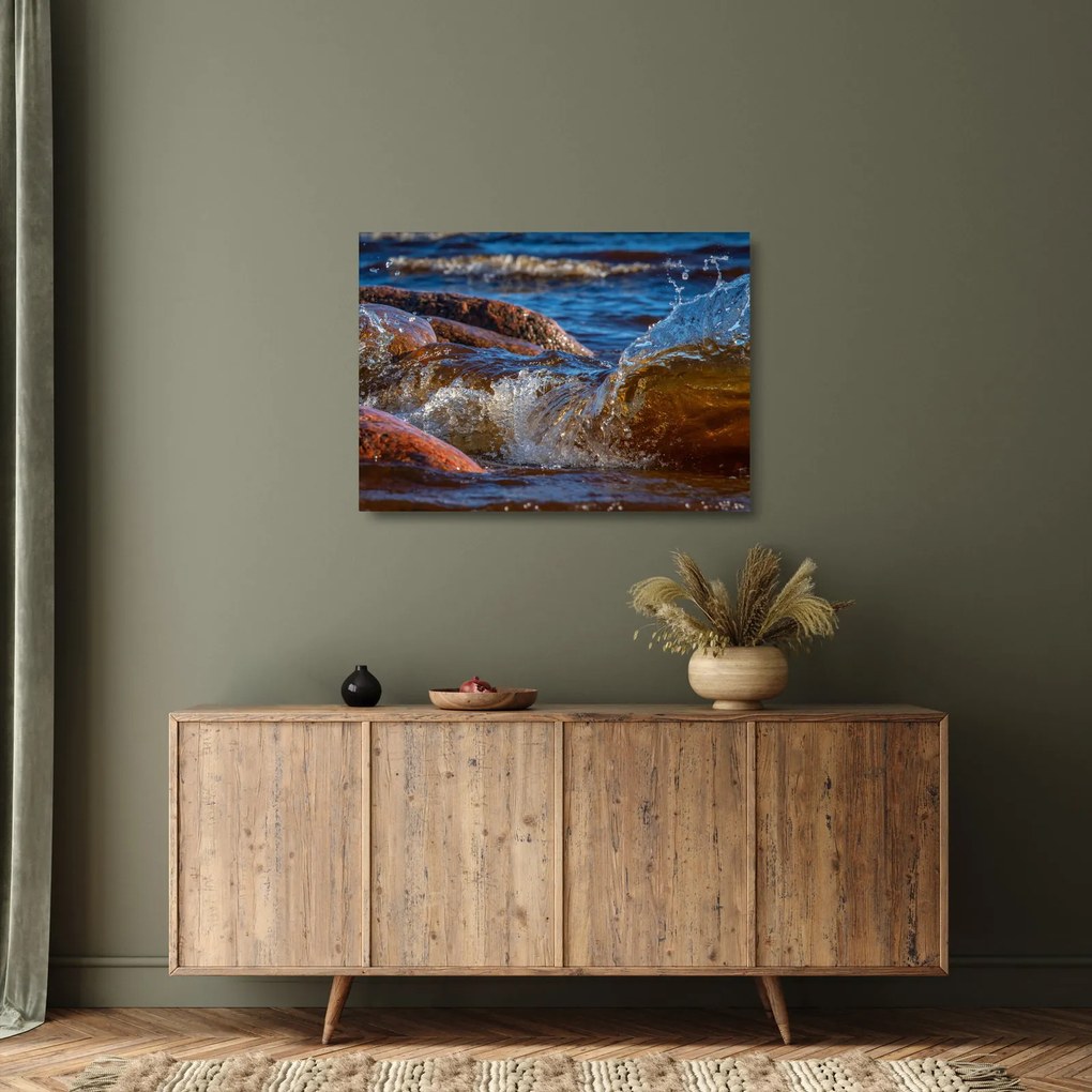 Obraz na szkle - szczegółowy obraz - woda między kamieniami (70x50 cm)