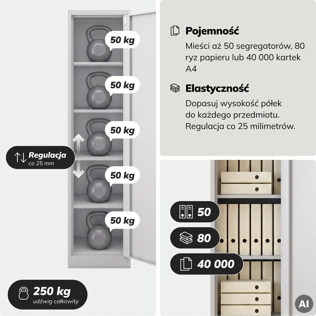 Szafa na akta kartotekowa na klucz szara, 450x1850x600 mm: ALEX D600