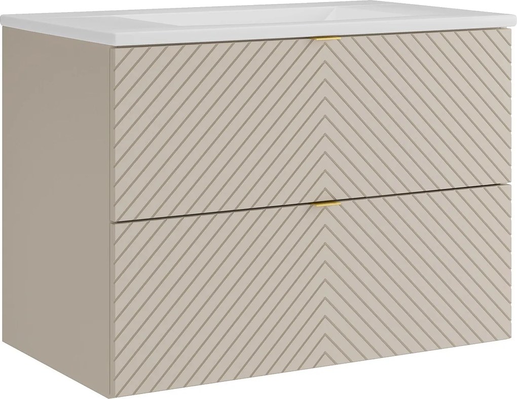 Wisząca szafka łazienkowa w jodełkę z wpuszczaną umywalką – beż – 80 cm – DORIONI