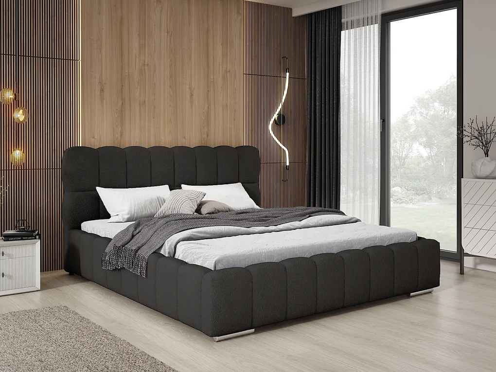 Emporius Avilla łóżko dwuosobowe 180x200 cm - łóżko tapicerowane z pojemnikiem i stelażem w nowoczesnym stylu - tkanina boucle, czarny (Anthology 19)