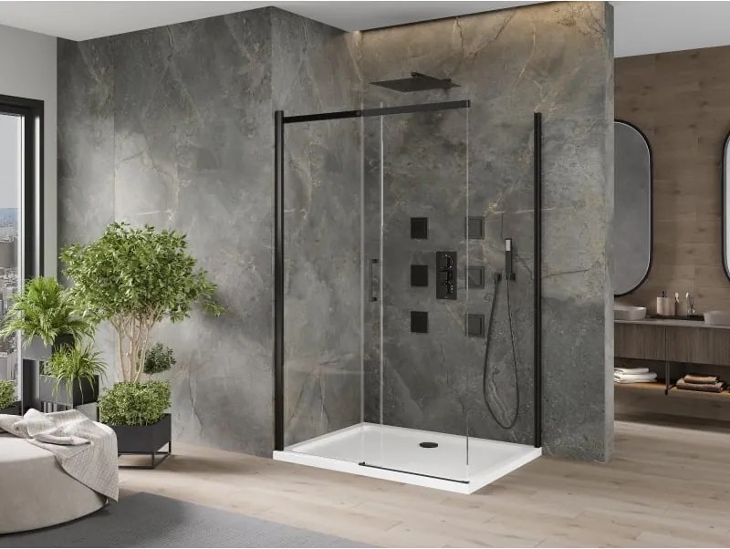 Mexen Omega kabina prysznicowa rozsuwana 100 x 70 cm, transparent, czarna + brodzik Flat, biały - 825-100-070-70-00-4010B