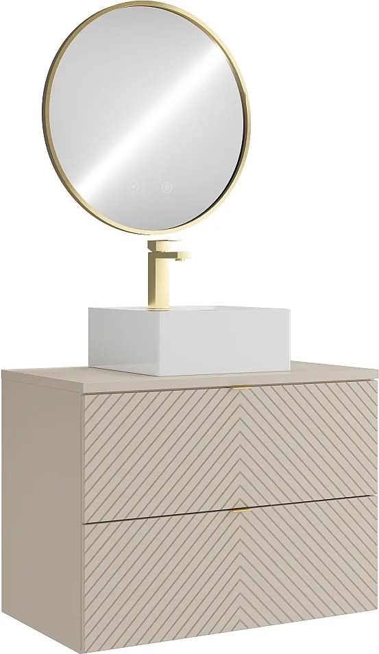 Szafka łazienkowa wisząca z kwadratową umywalką nablatową, baterią i lustrem – beż – 80 cm – DORIONI