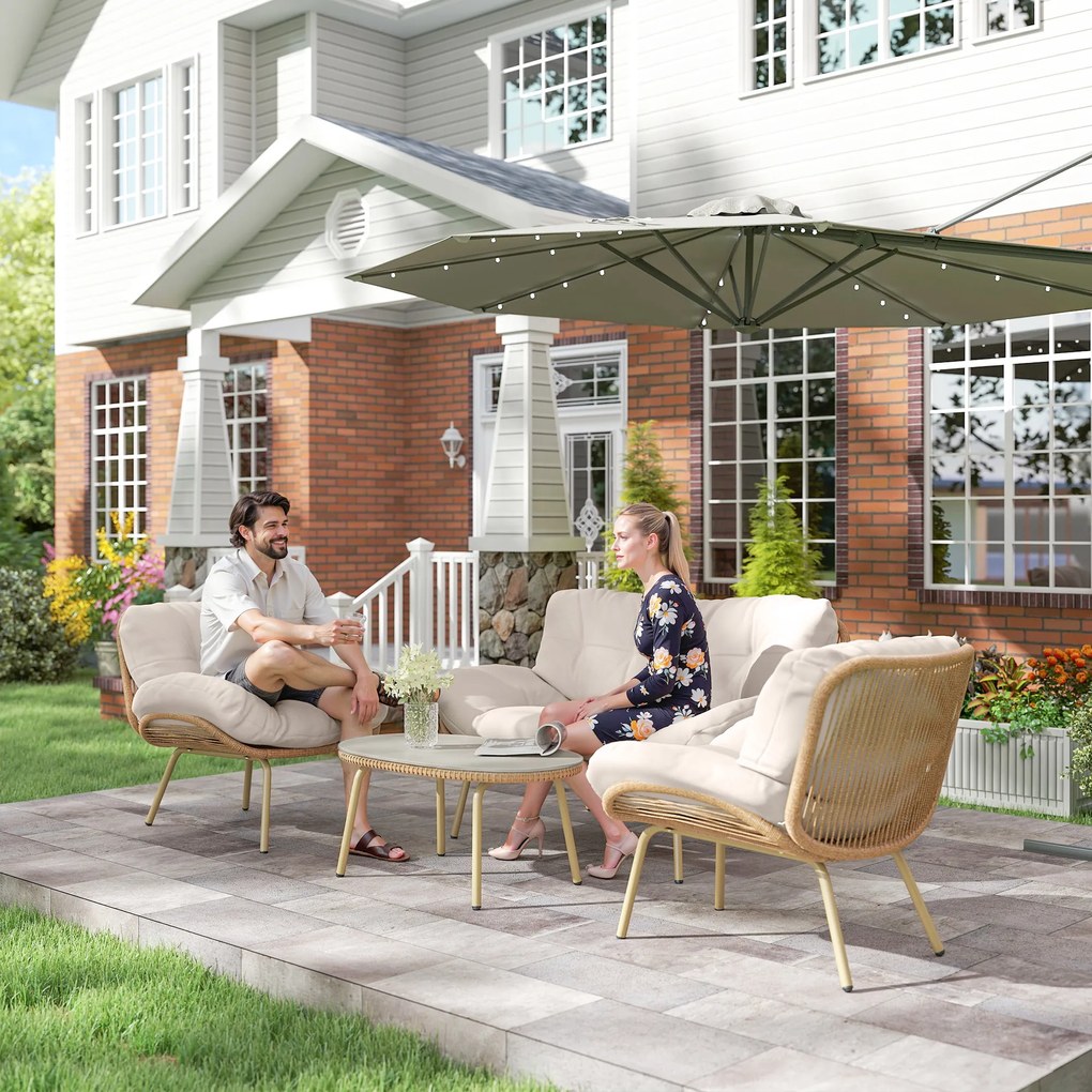 Outsunny Zestaw mebli ogrodowych 4-częściowy zestaw wypoczynkowy z rattanu z sofą, 2 krzesłami, stolikiem, głębokimi siedziskami i grubymi poduszkami | Aosom PL