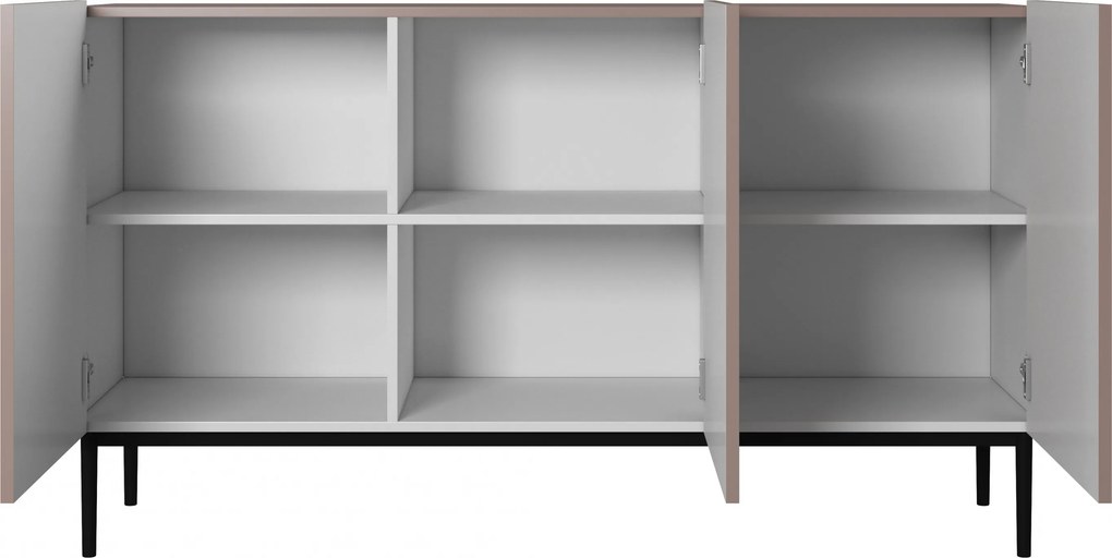 Komoda Nicole 150 cm trzydrzwiowa z ryflowanym frontem - antyczny róż MDF / czarne nóżki