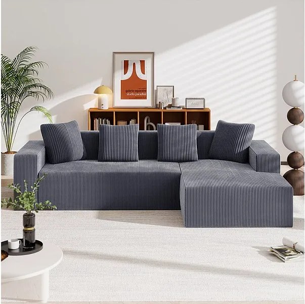 Duża modułowa prawa sofa narożna, z weluru, z 4 poduszkami, bez konieczności montażu, 261x146x65cm, Szary