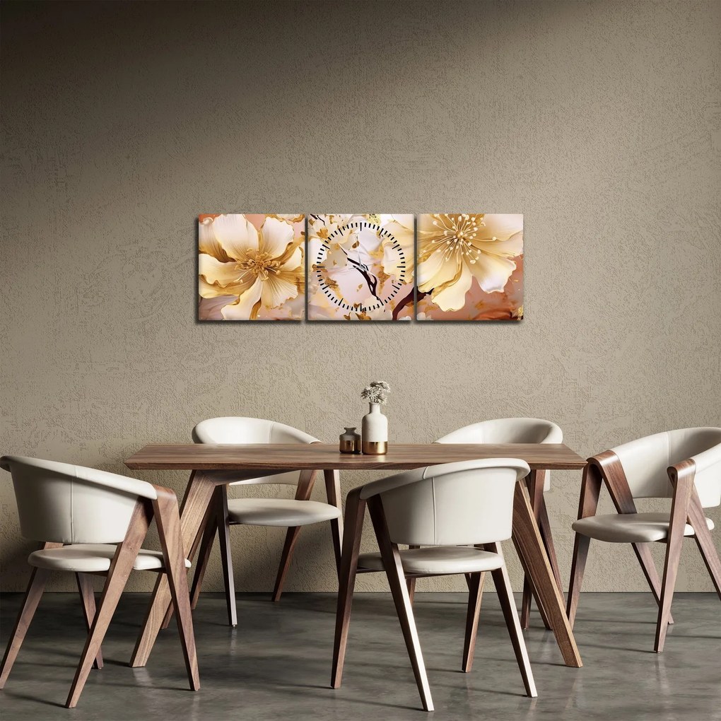 Obraz - Złote kwiaty (z zegarem) (90x30 cm)