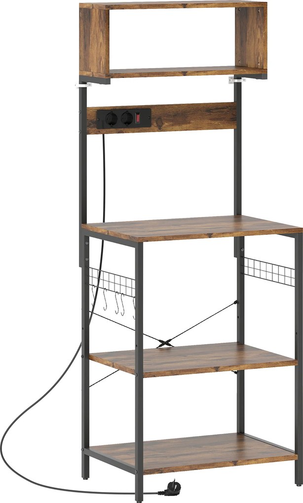 HOMCOM Regał kuchenny, regał stojący z 5 hakami S, 5 półkami, gniazdko, stalowy, Rustykalny brąz, 60 x 42 x 153 cm