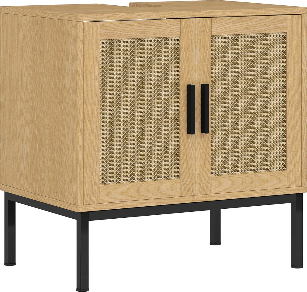 kleankin Szafka łazienkowa w stylu Boho, z rattanowymi elementami, z wycięciem pod umywalkę, Dąb