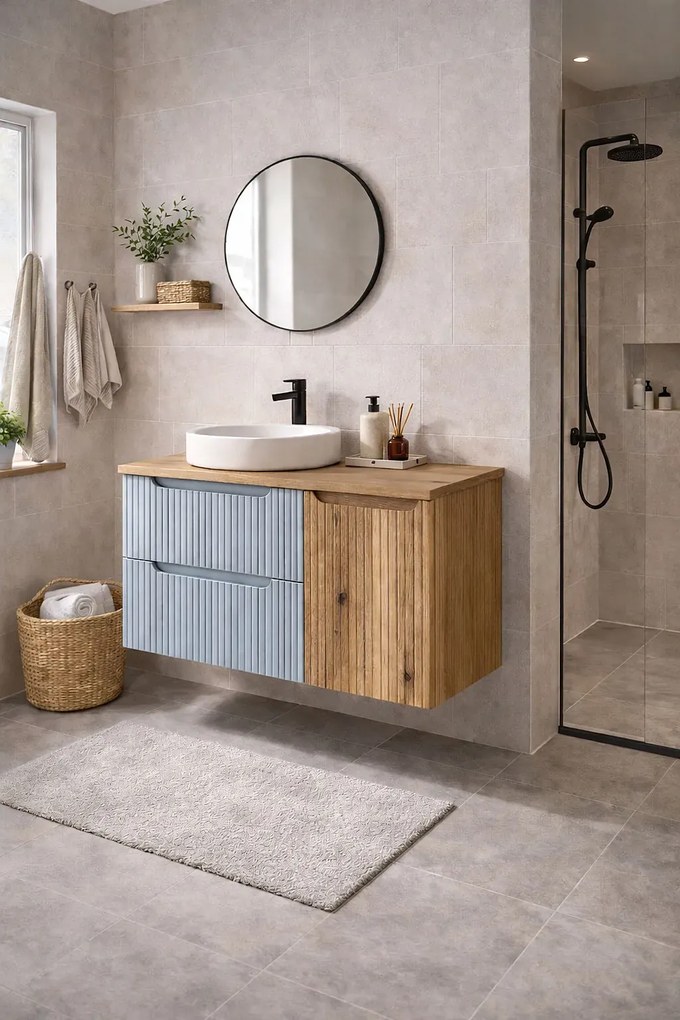 Niebieska wisząca szafka pod umywalkę z koszem na pranie - Arvessi 6X