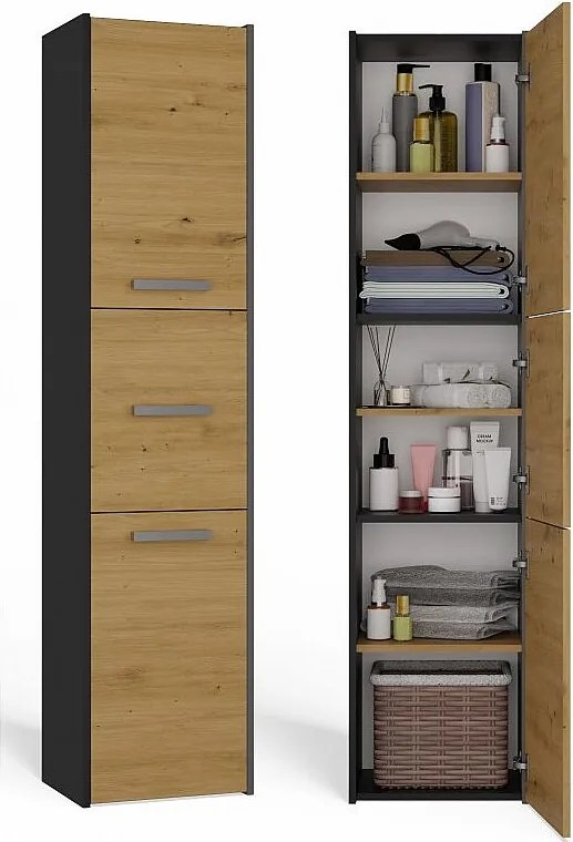 Szafka Łazienkowy Sara S43 | Antracyt/Dąb Artisan | 40x30x170 cm | Szafka 3 Drzwi, Półki