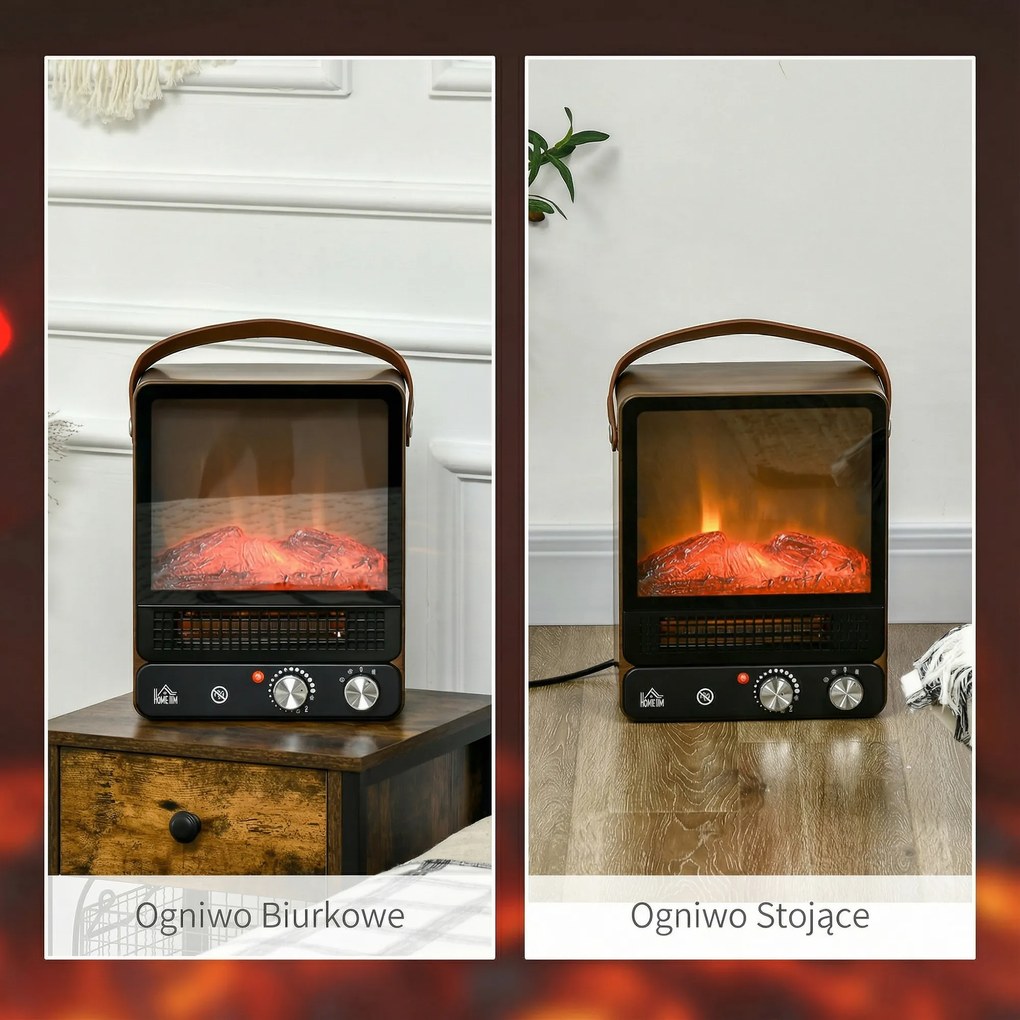 HOMCOM Elektrokamin, realistyczne ognisko, 2 tryby grzewcze do 50°C, zabezpieczenie przed przegrzaniem, wykończenie orzechowe, 30,3 x 17,5 x 37,4cm