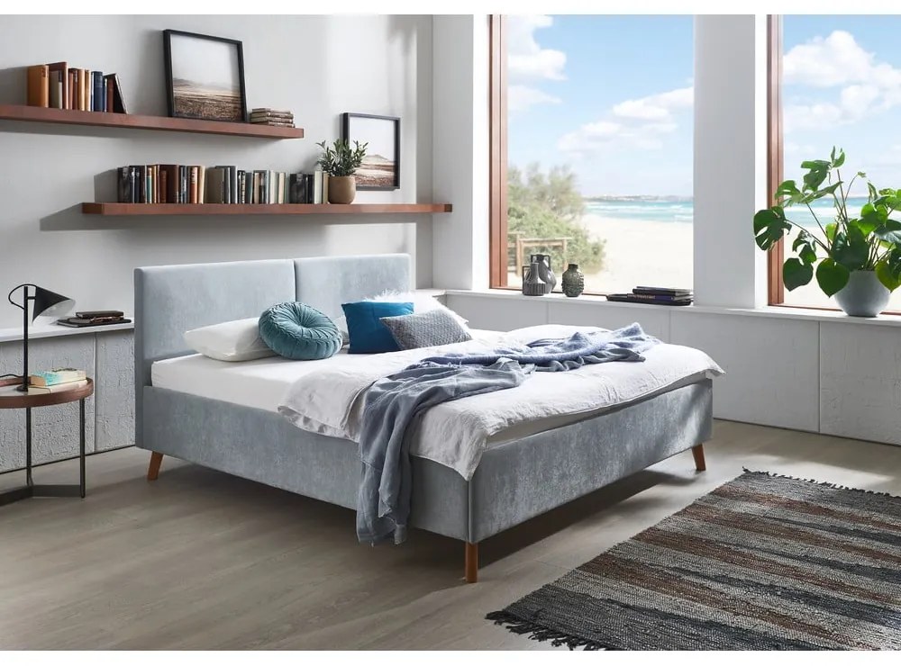 Jasnoniebieskie tapicerowane łóżko dwuosobowe ze stelażem 160x200 cm Piano – Meise Möbel
