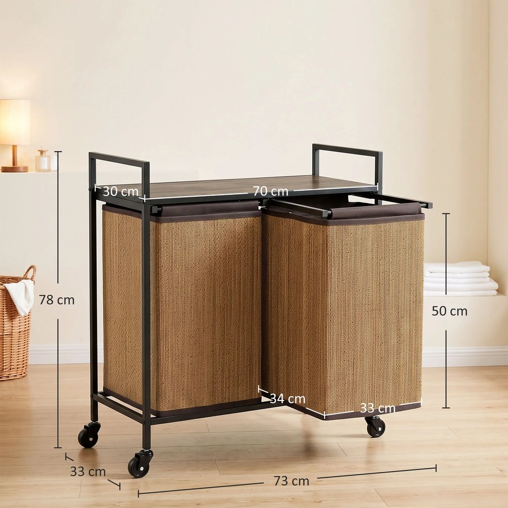 HOMCOM Kosz na pranie bambus 2 komory 120 l, pojemnik z półką, worek na pranie, na kółkach 73x33x78 cm, Brązowy | Aosom PL
