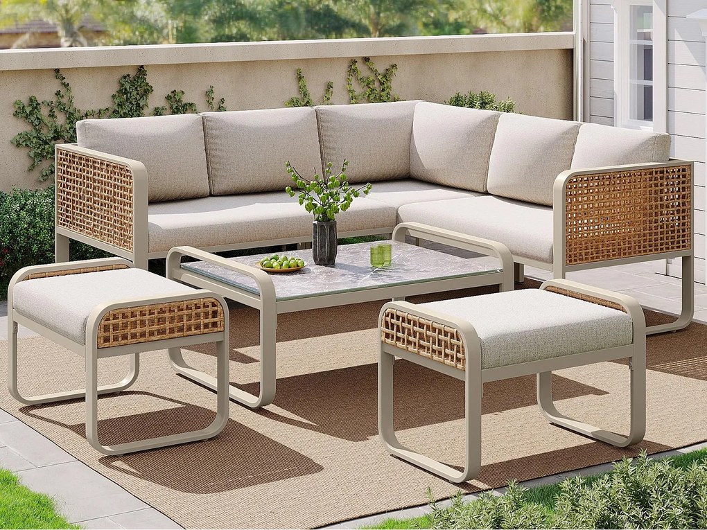 Zestaw ogrodowy, meble rattanowe dla 6-7 osób, narożna kanapa - ze stali ocynkowanej, regulowane nóżki, Beżowy