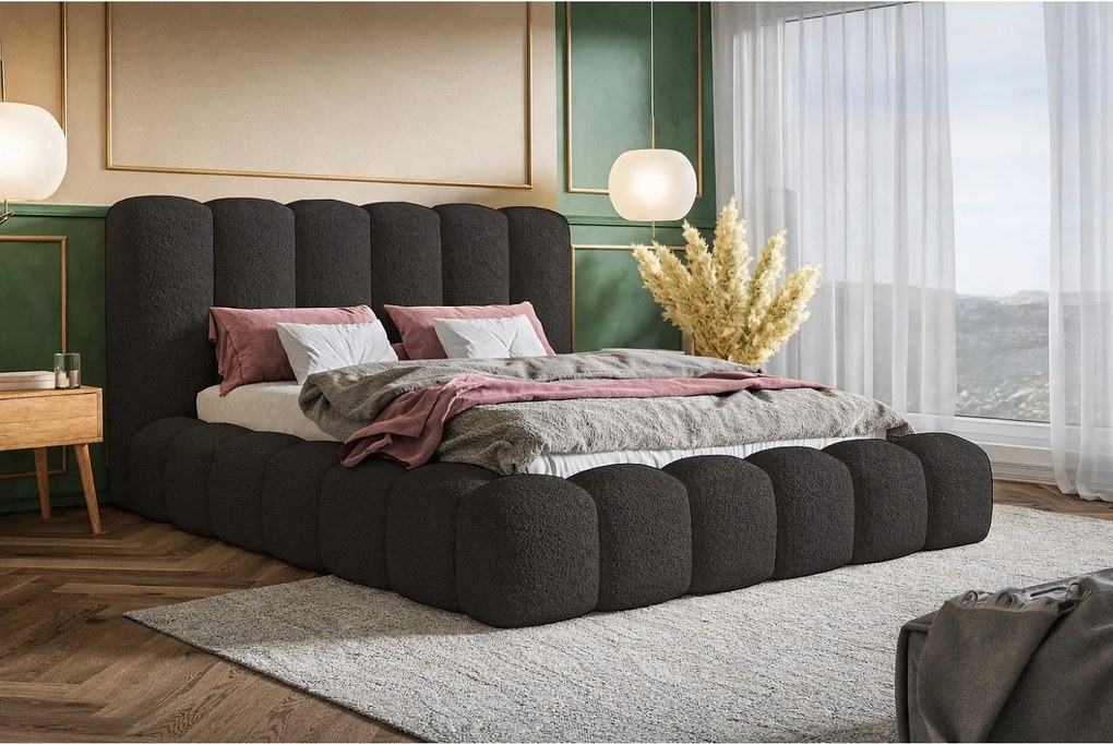 Łóżko tapicerowane 160x200 Madeno - gruba pianka, pojemnik, stelaż metalowy - tkanina boucle, czarny (Catch Me 27)