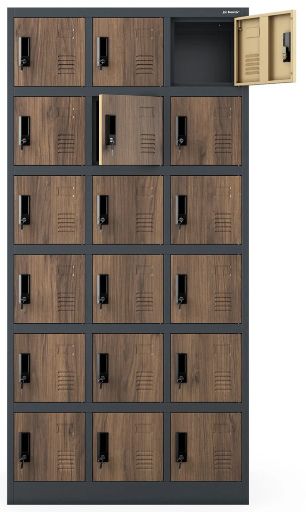 Szafka pracownicza skrytkowa 18-skrytkowa antracytowa/orzech, 900x1850x400 mm: KAROL Eco Design