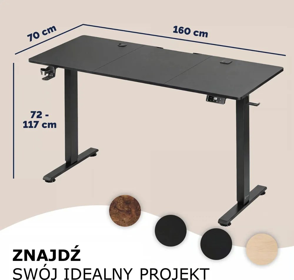 Regulowane biurko biurowe FLEXI, 160x70x72-117cm, czarne Casaria