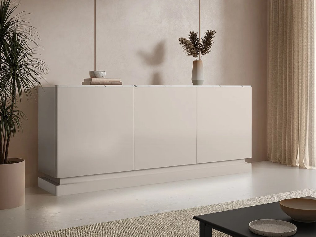 Komoda 3-drzwiowa z oświetleniem LED z MDF - Beżowy i efekt białego marmuru - DEVIKA marki Pascal Morabito