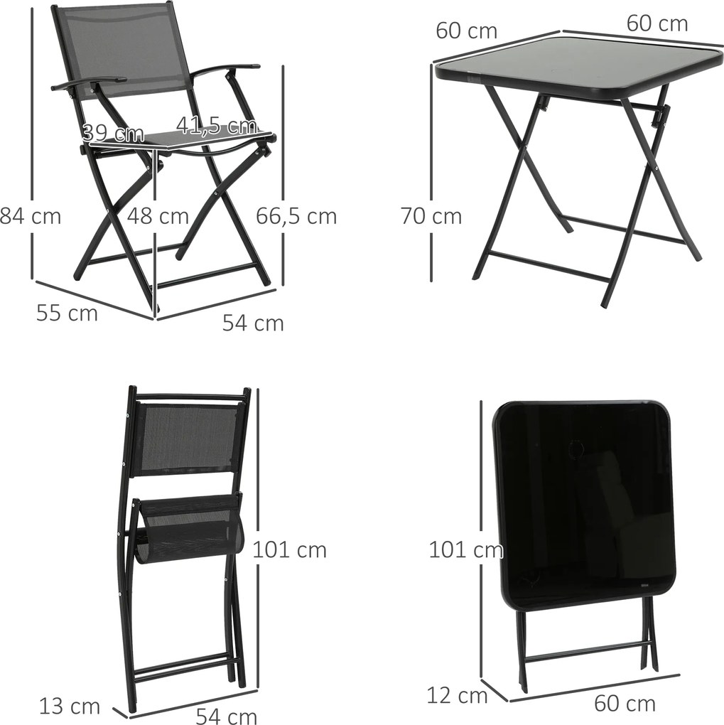 Outsunny Składany komplet 3-częściowy stół z krzesłami czarny + szary