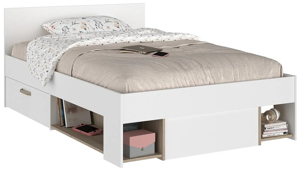 Łóżko 120 x 190/200 cm  ze skrzynią i - Biały i naturalny - KINSELIA