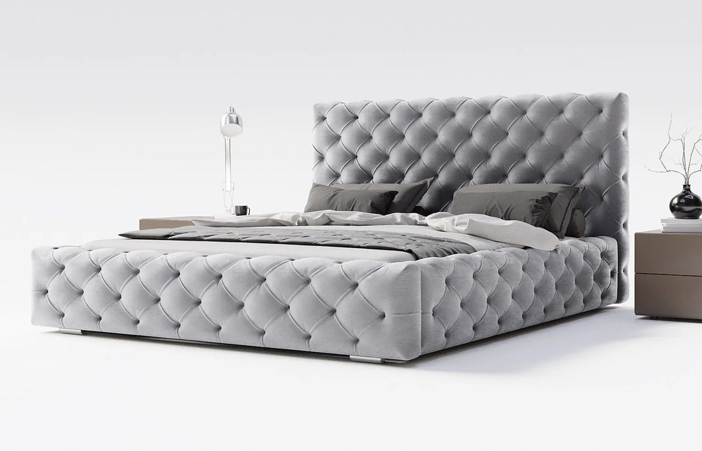 Emporius Paris łóżko tapicerowane 200x200 cm - glamour, pikowanie chesterfield - łóżko dwuosobowe z pojemnikiem, tkanina aksamitna, szary (Magic Velvet 2217)