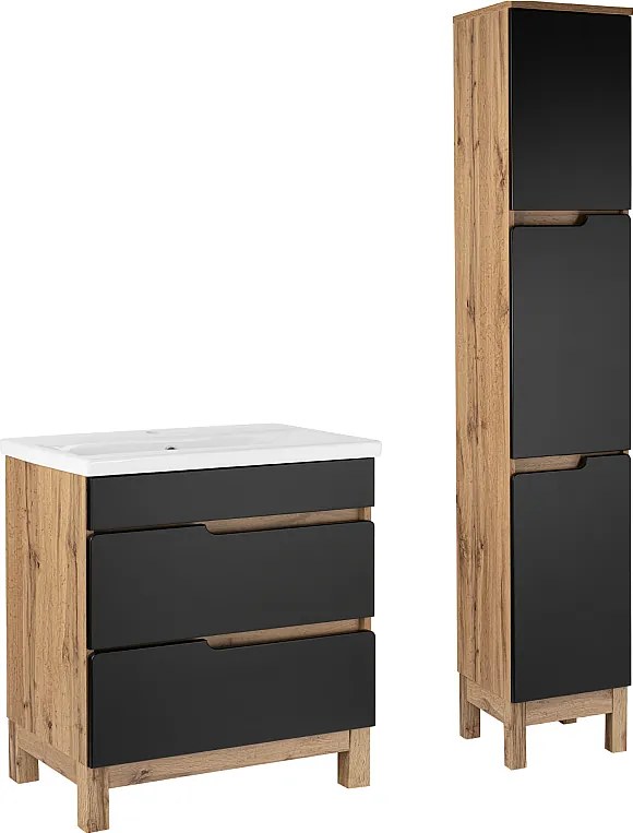 Zestaw Łazienkowy 80cm 2S Alma Słupek Dąb Wotan / Czarny Mat