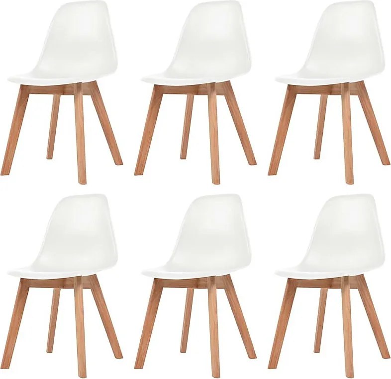 Zestaw 6 białych krzeseł jadalnianych z tworzywa sztucznego z masowymi nogami drewnianymi