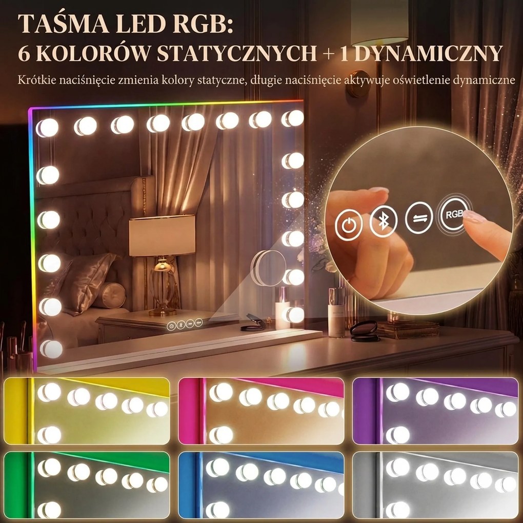 HOMCOM Hollywoodzkie lustro do makijażu z 18 regulowanymi żarówkami LED, 3 kolory, światło RGB, głośnik Bluetooth, 10-krotne powiększenie Białe | Aosom PL