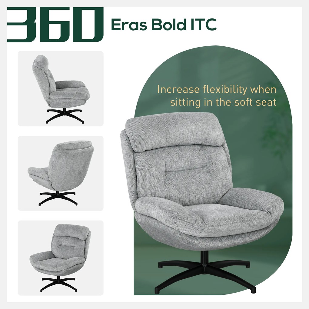 HOMCOM Fotel Obrotowy, Obrot o 360 stopni, Tkanina Chenille, Zintegrowane Podłokietniki, Nogi ze Stali, Szary, Czarny