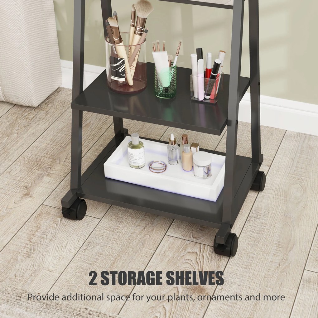 HOMCOM Mobilne Lustro Pełnej Długości z 2 Półkami i 4 Kołami, do Sypialni, Salonu, Przedpokoju, Czarny