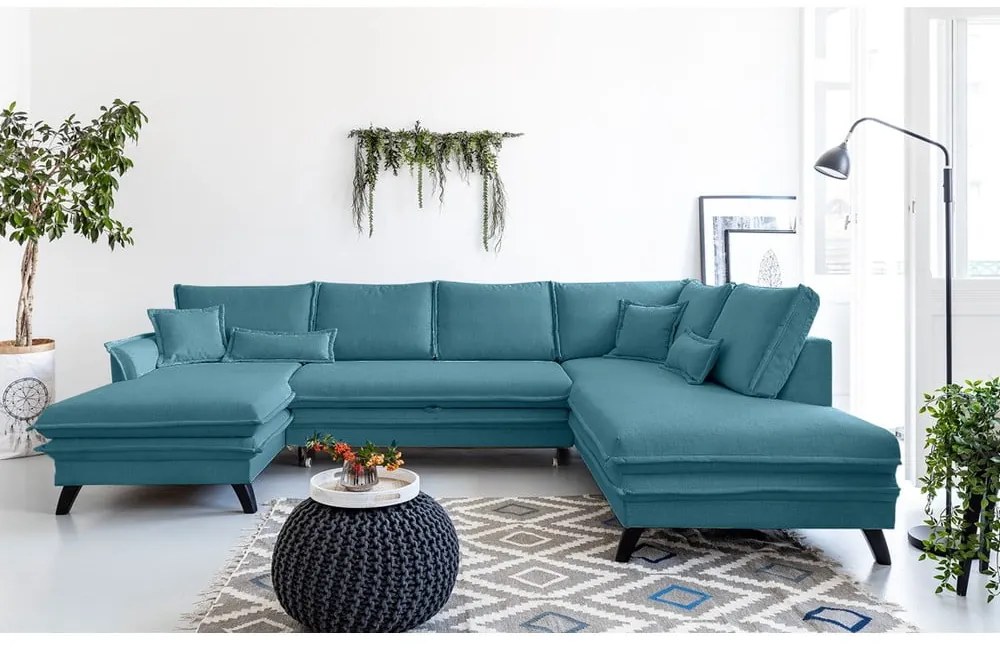 Turkusowa rozkładana sofa w kształcie litery "U" Miuform Charming Charlie, prawostronna