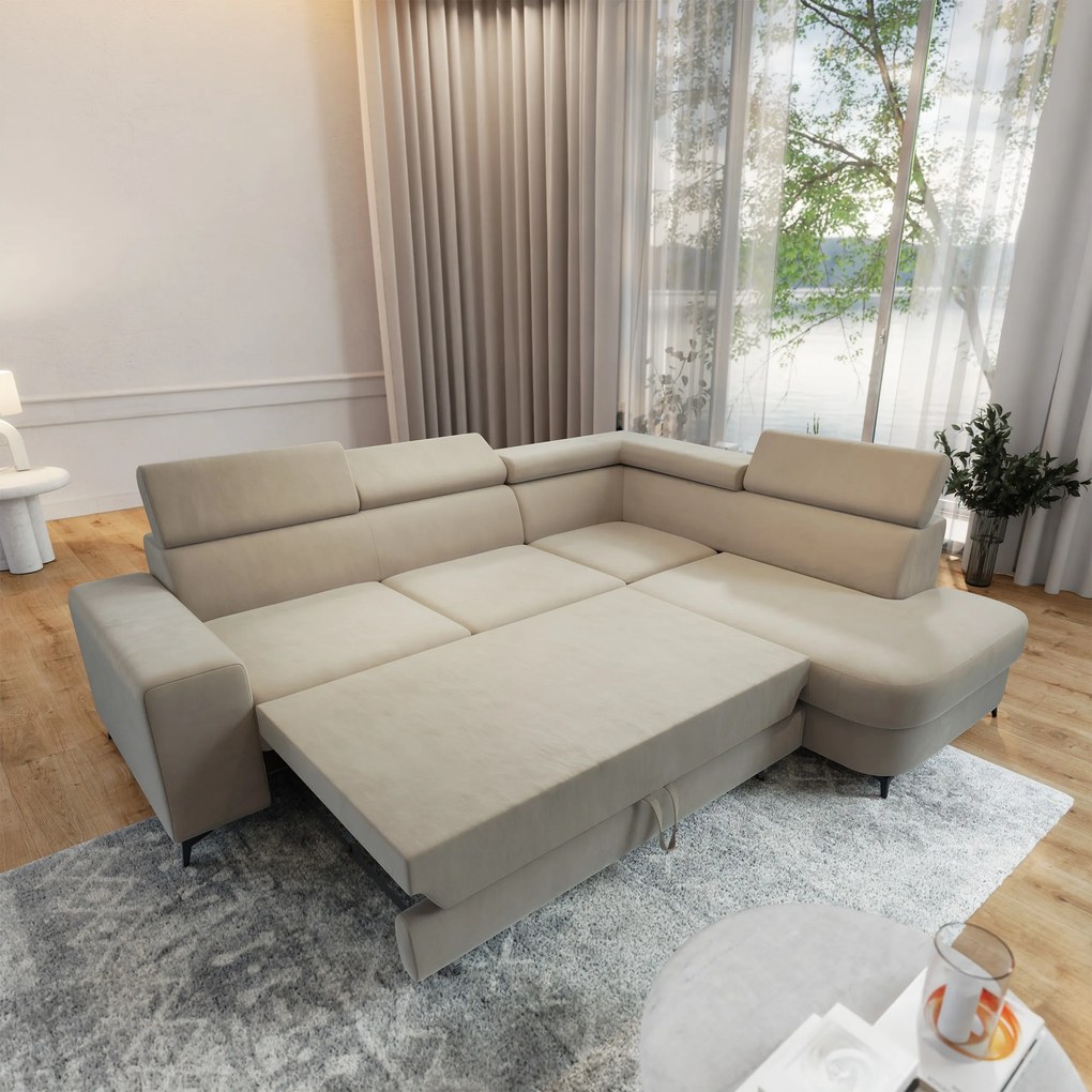 Masseno Narożnik ALVORO z funkcją spania i pojemnikiem na pościel Narozniki L, Rozkładana sofa - Beżowy, MATT VELVET 09
