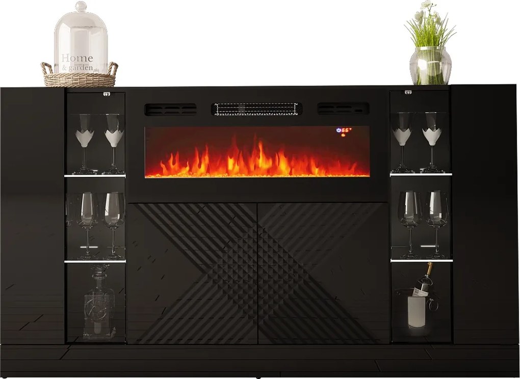 Czarna komoda z kominkiem elektrycznym i oświetleniem Diuna 1