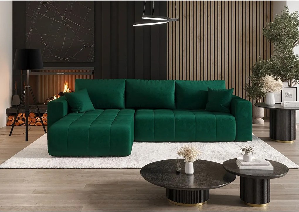 Narożnik z funkcją spania MILO Monolith 37 zielony lewy sofa w kształcie L z pojemnikiem na pościel sofa do salonu, sofa rozkładana, sofa z pojemnikiem