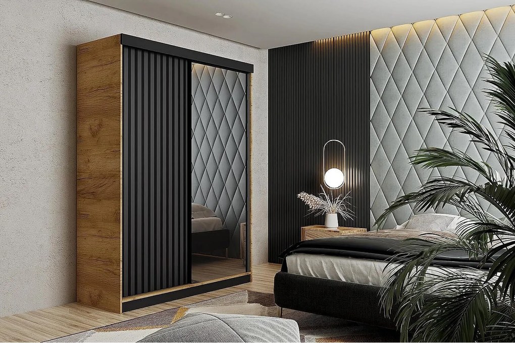 Szafa przesuwna z lustrem lamele MALANI 138 dąb craft złoty + grafit