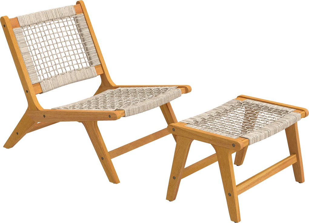 Outsunny Fotel ogrodowy z podnóżkiem 2-częściowy FSC Drewno akacjowe Fotel wypoczynkowy z siedziskiem rattanowym Styl boho Regulowane nóżki | Aosom PL