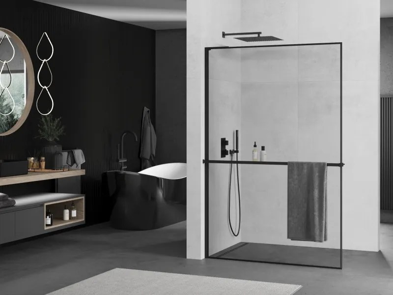 Mexen Kioto+ L ścianka prysznicowa z półką Walk-in 90 x 200 cm, czarna ramka, czarna - 800-090-123-70-70