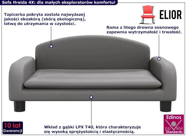 Szara kanapa dla dzieci z ekoskóry - Velira 4X