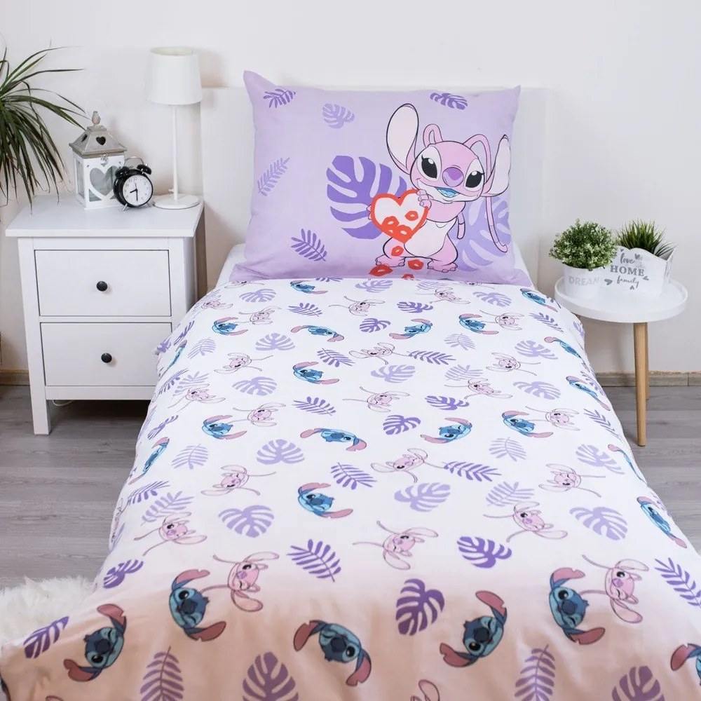 Fioletowa bawełniana pościel dziecięca jednoosobowa 140x200 cm Lilo and Stitch "Kiss" – Jerry Fabrics