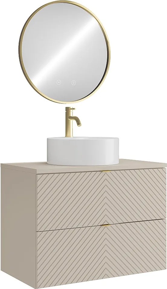 Szafka łazienkowa wisząca z okrągłą umywalką nablatową, baterią i lustrem – beż – 80 cm – DORIONI