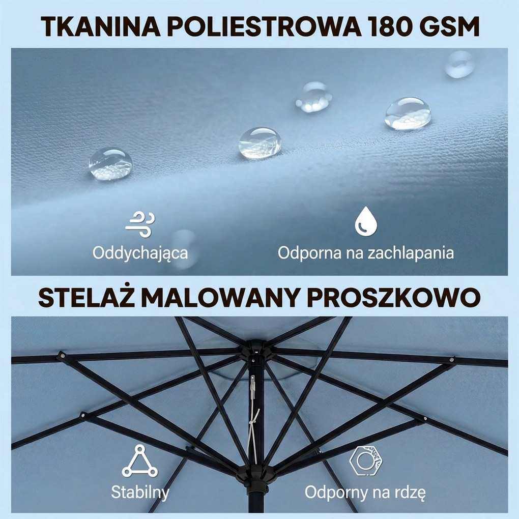 Outsunny Parasol ogrodowy okrągły balkonowy z 3-stopniową regulacją nachylenia, korbka, 8 żeber, Ø265 x 235H cm, jasnoniebieski | Aosom PL