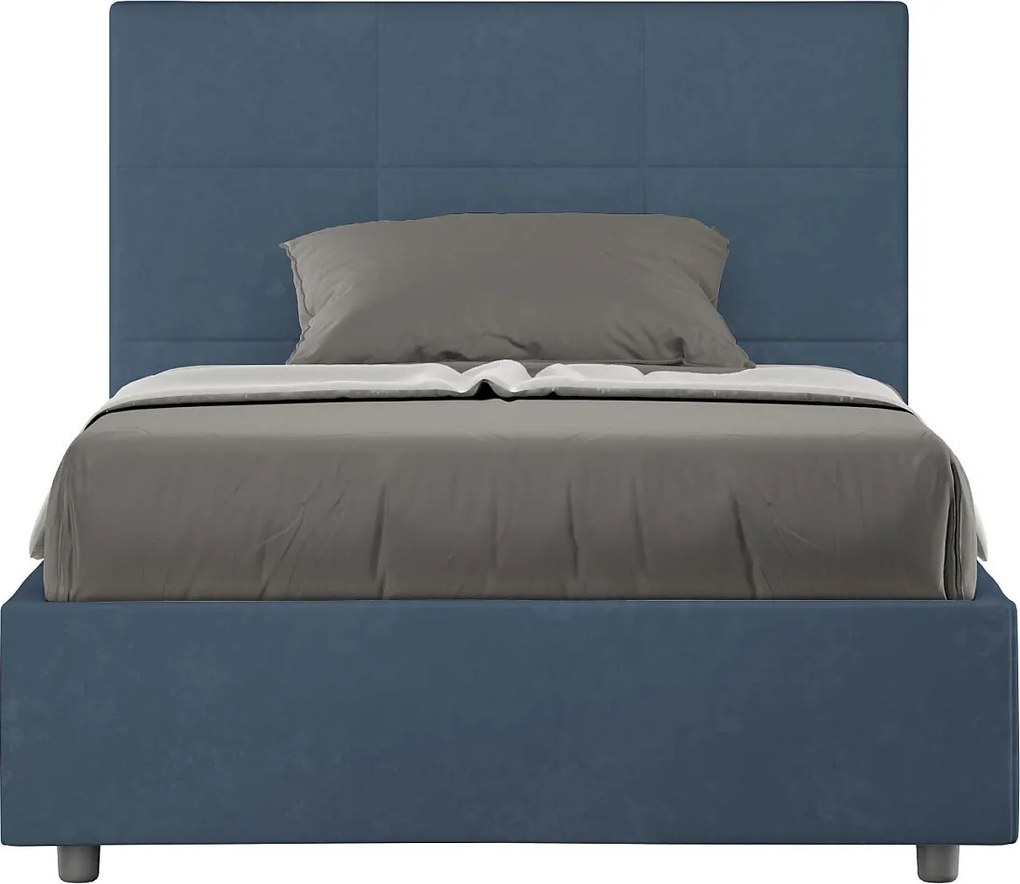 Łóżko wyposażone w stelaż z listwami z pojemnikiem tapicerowane 120x190 microfibra niebieski Mika