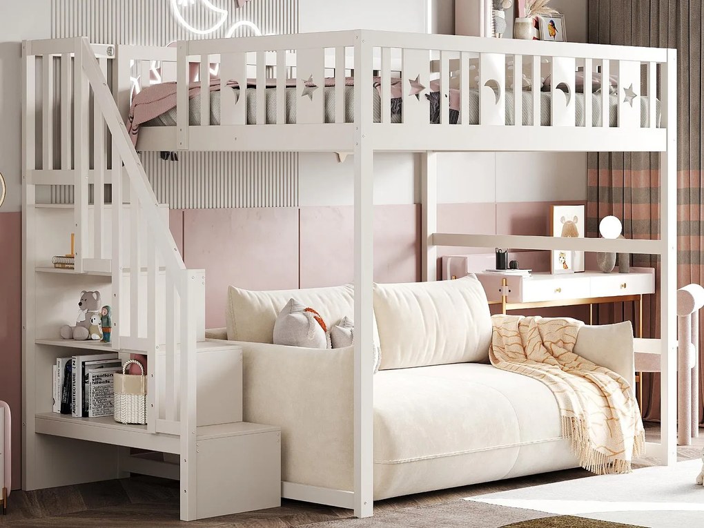 Łóżko piętrowe dziecięce 140x200cm - Z drabinką - Z barierkami bezpieczeństwa - Z komorą do przechowywania - Białe (materac nie wliczony)