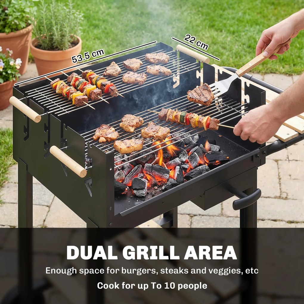 Outsunny Grill na węgiel drzewny z 4-stopniową regulacją wysokości rusztu, 2 drewniane półki, 2 kółka, tacka na popiół, 99,5 x 58 x 82 cm | Aosom PL