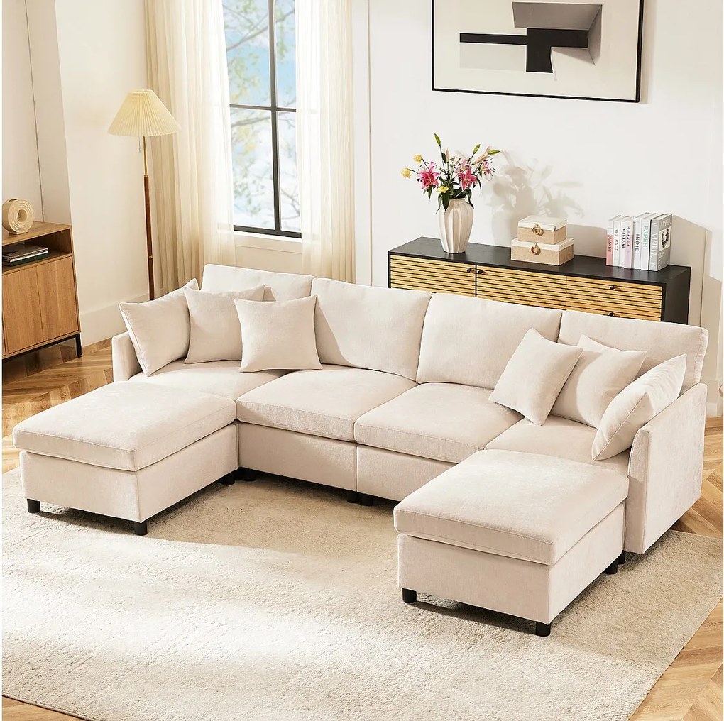 Narożnik L-kształtny - 216 x 161 x 81 cm - Sofa 4-osobowa - z wyjmowanym podnóżkiem - szenil - beż