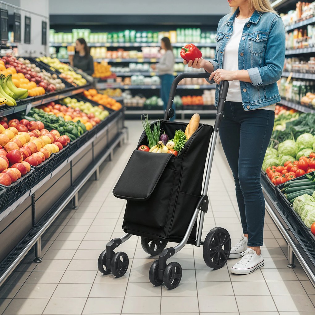 HOMCOM Wózek na zakupy, torba 46 litrów, składany wózek z kieszenią chłodzącą, regulowany uchwyt, rama aluminiowa, czarny | Aosom PL