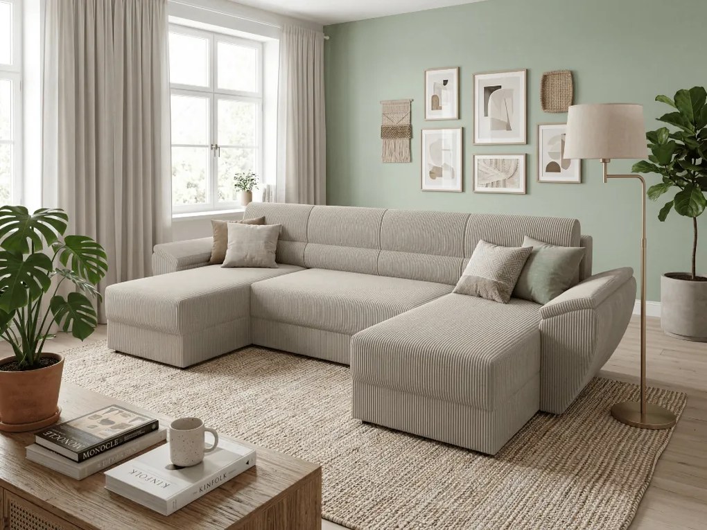 Rozkładana sofa narożna w kształcie U TAVERO 321x140 cm, jasnobeżowa