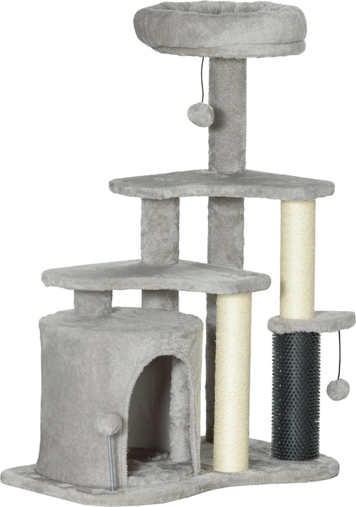 PawHut Centrum Zabawy dla Kota z Drapakiem, Łóżkiem, Piłeczkami do Gry, Plusz, 60 x 39 x 87 cm, Jasnoszary/Kremowy