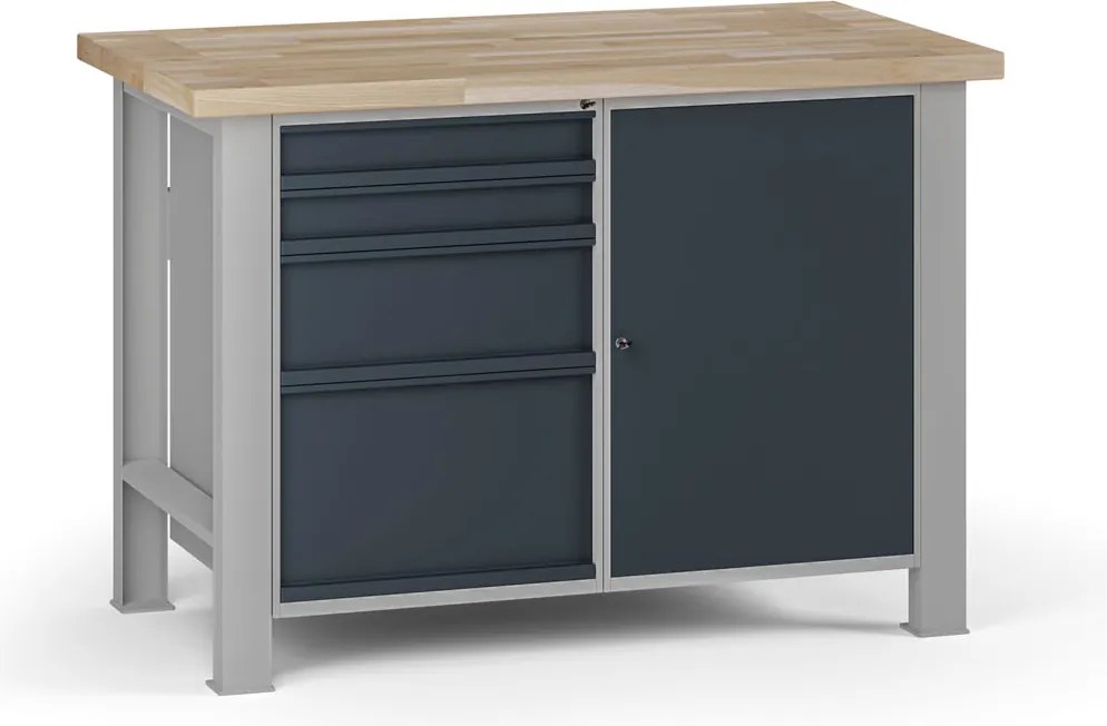 Stół warsztatowy G7, blat bukowy, 1200 x 685 x 840 mm, 1x szafka, 4x szuflada, grafitowy